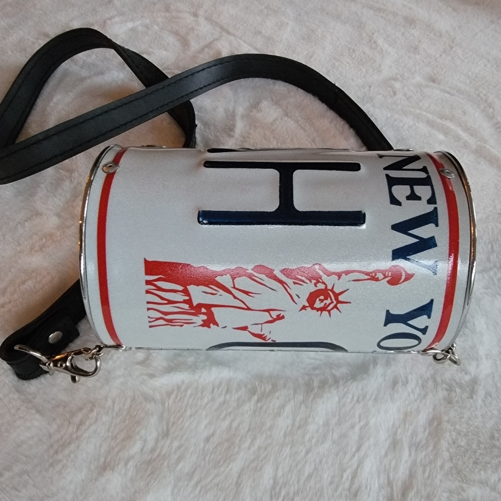 Vintage New York License Plate Barrel Crossbody Bag